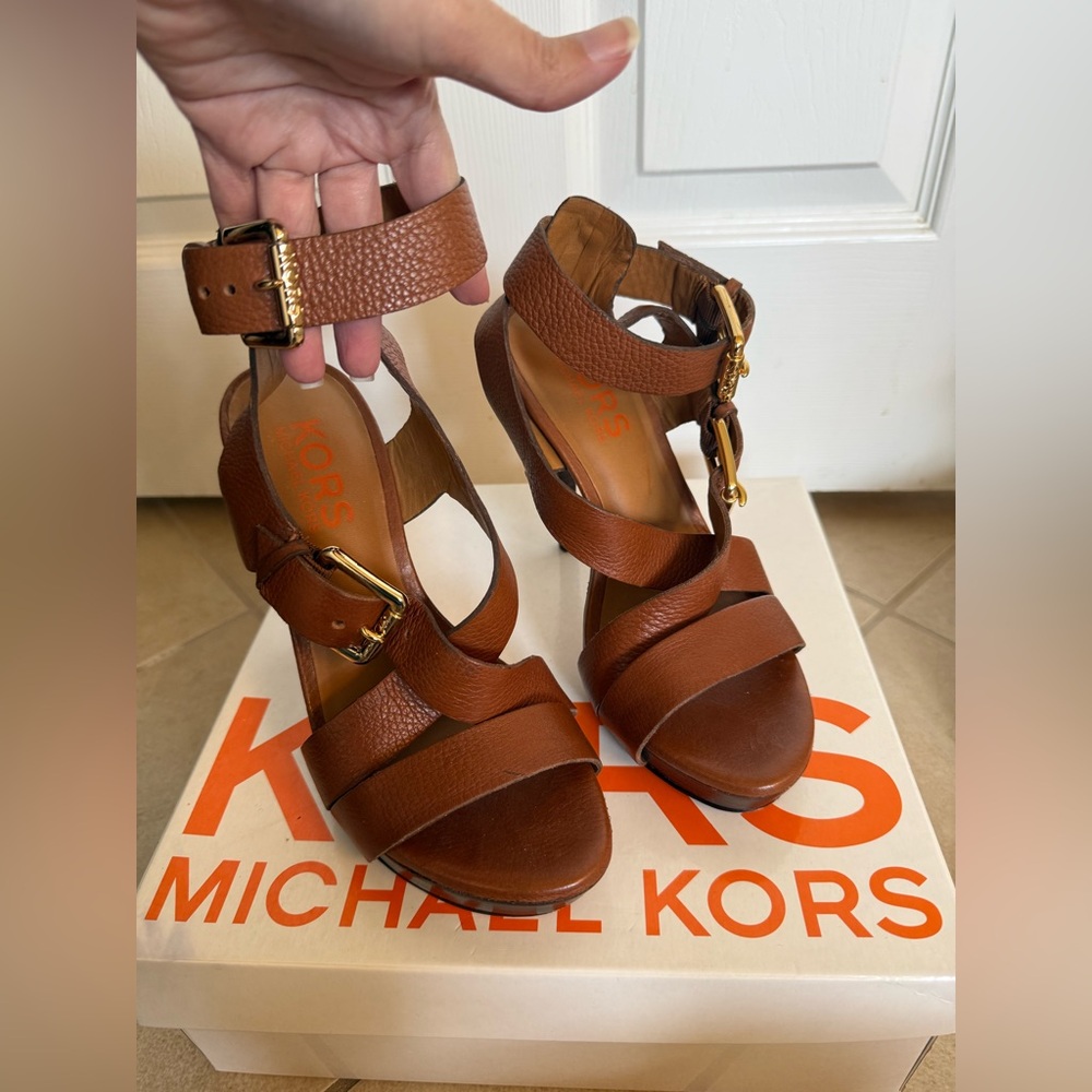 Kors Michael Kors Strappy Leather Cognac Gold Hardware Heels
